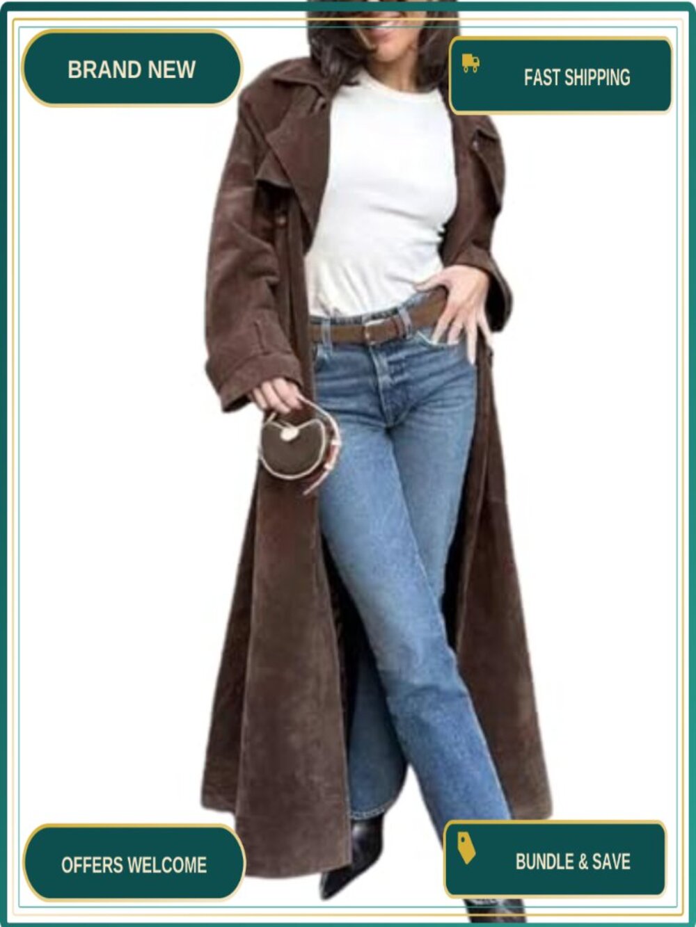 Faux Suede Long Trench Coat Double Breasted Pea Coat Belted